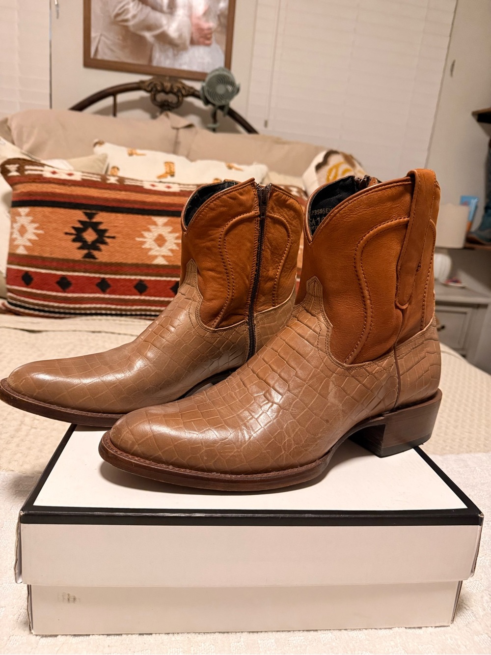 J.B. Dillon Tan Croc-Embossed Leather Western Boots